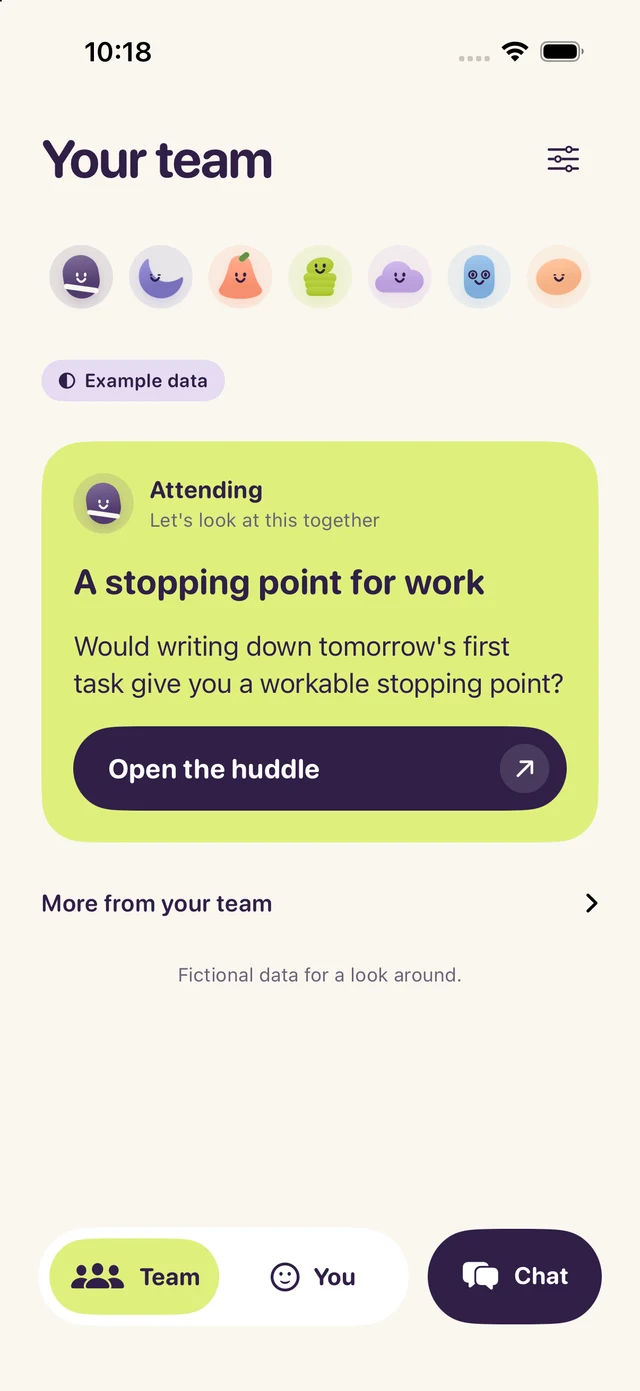 Attending's iPhone Team screen: a question, an Open the huddle button, and a separate Chat button