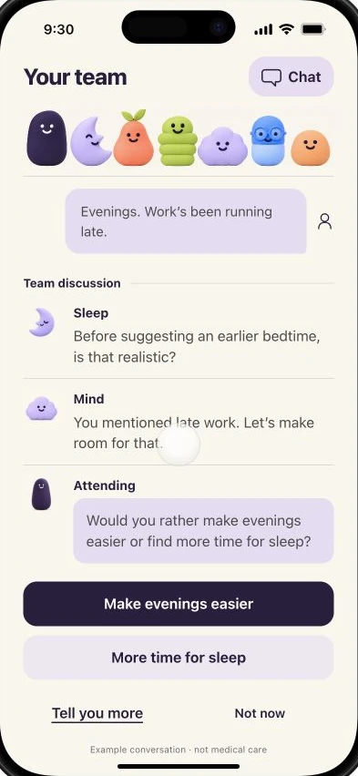 Illustrative huddle: Sleep and Mind compare notes about work running late; the Attending asks which change would fit